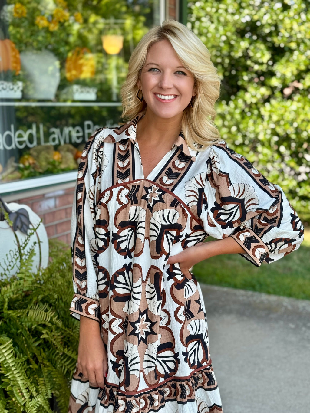 Brown Printed Border Detailed Dress