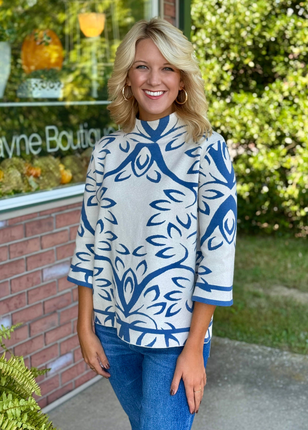 Jacquard Mock Neck Printed Sweater