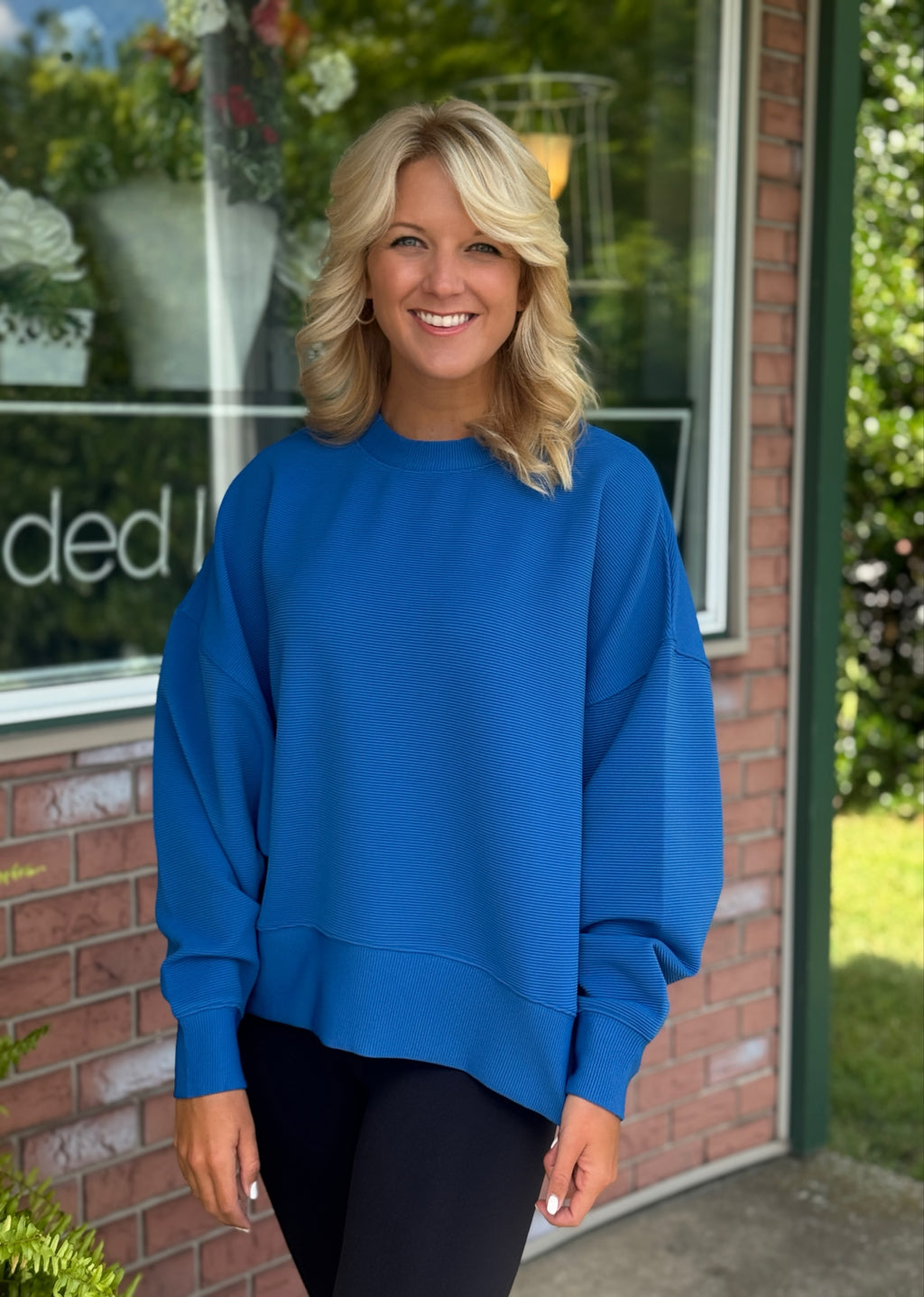 Royal Blue Ribbed Balloon Sleeve Top