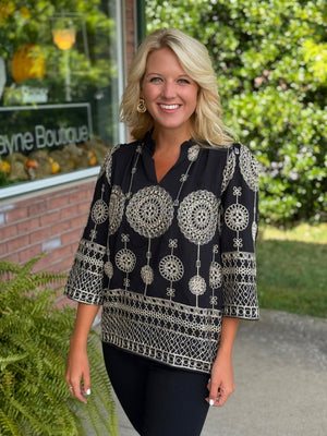 Metallic Embroidered Top with Ruffled Neck