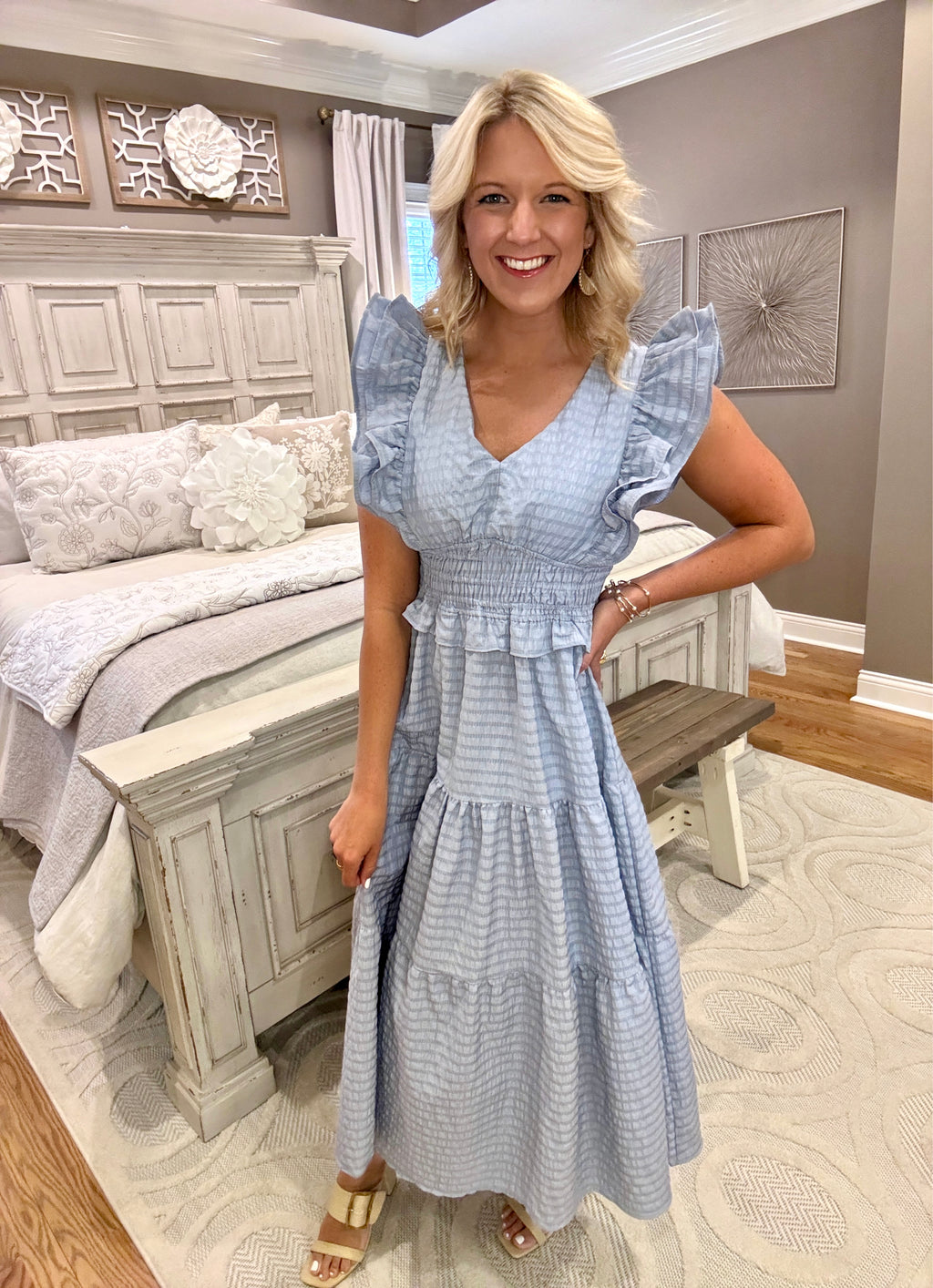 Blue Grey Ruffle Tiered Midi Dress