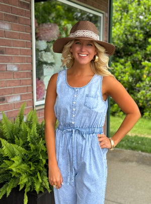 Washed Chambray Jumpsuit with Button Details