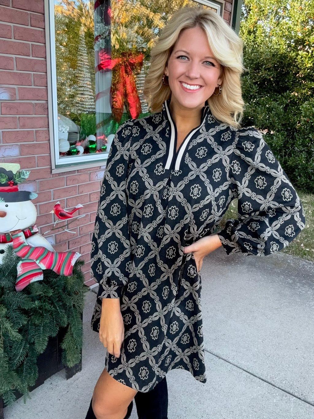 Black Printed Dress with Neckline Detail