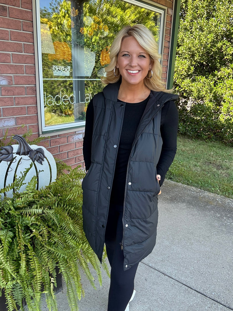 Black Long Puffer Vest with Hood