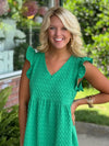 Green Textured Flutter Sleeve Dress