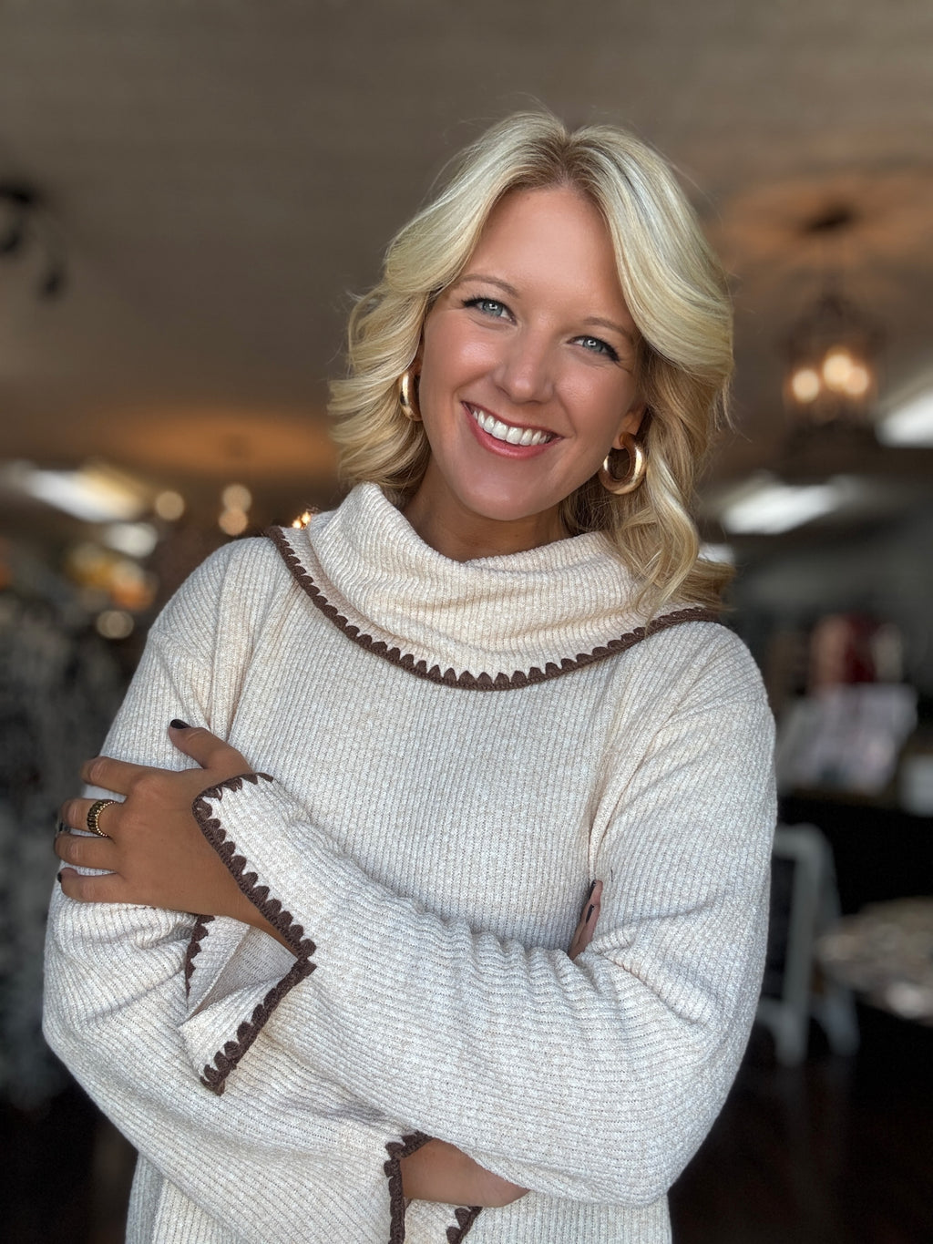 Ribbed Cowl Neck Sweater with Blanket Stitch Detail