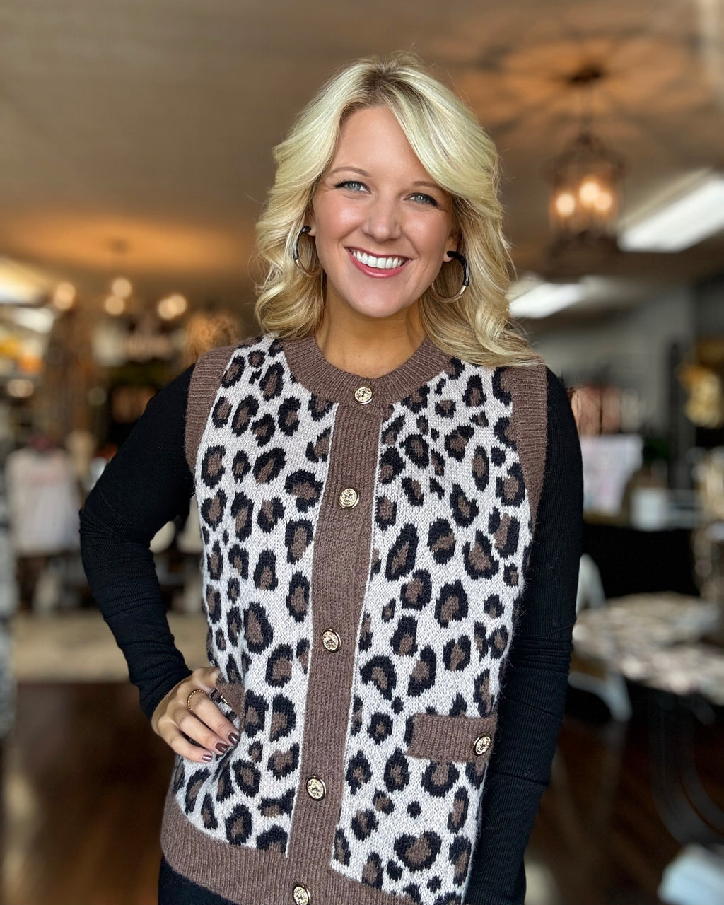 Leopard Sweater Vest with Gold Buttons