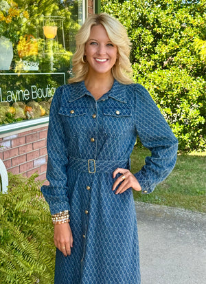 Textured Denim with Gold Button & Belt Details
