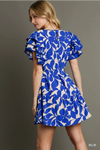 Blue Printed Dress with Layered Ruffle Sleeves