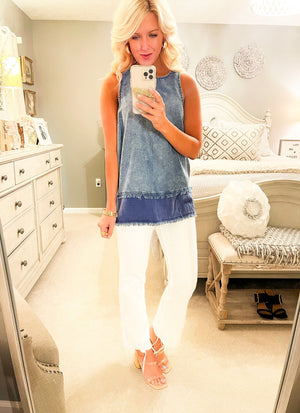 Denim Frayed Tank with Button Back Detail