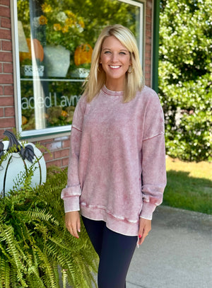 Acid Wash Rose Ribbed Hi Low Pullover Tunic Top