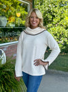 Ribbed Cowl Neck Sweater with Blanket Stitch Detail