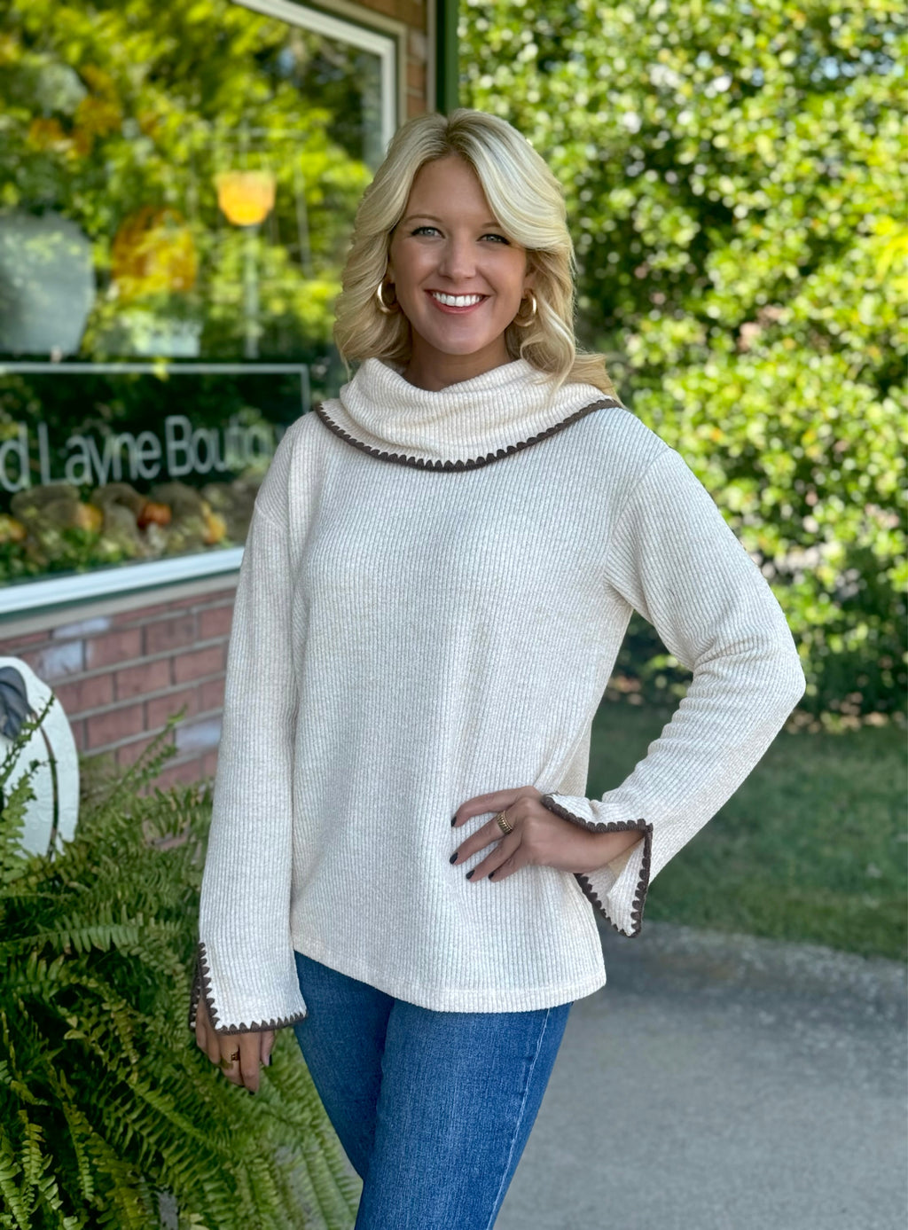 Ribbed Cowl Neck Sweater with Blanket Stitch Detail