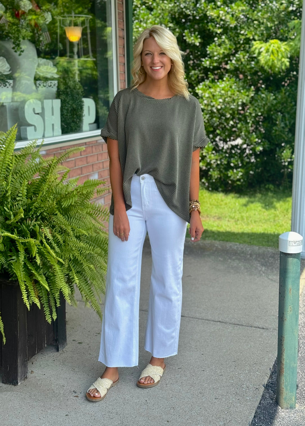 Olive Textured Top with Twisted Neckline