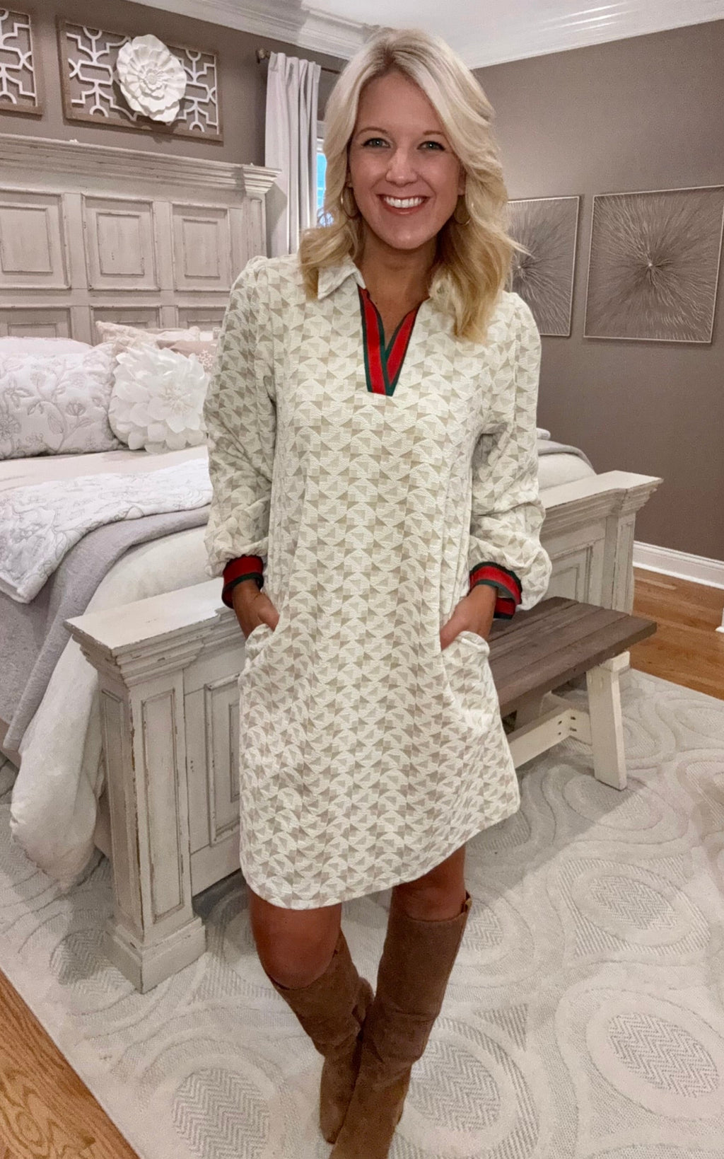 Geo Print Dress with Stripe Contrast Accent