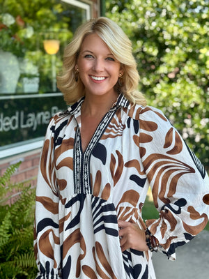 Printed Midi Dress with Collar & Border Detail