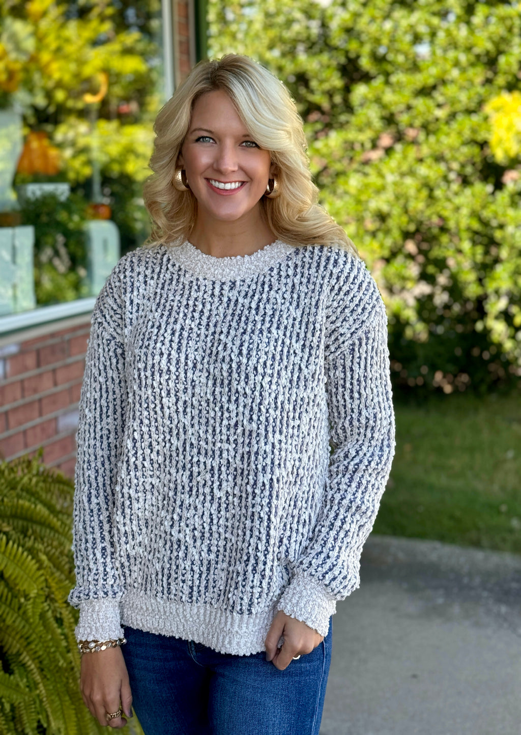 Navy & Cream Chenille Popcorn Sweater