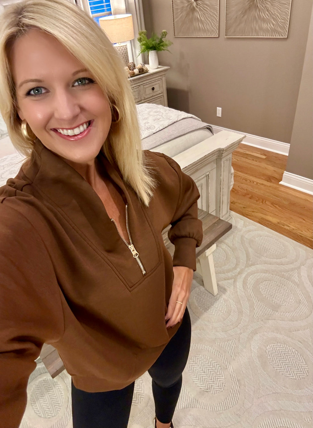 Brown 1/4 Zip Pullover with Gold Zipper Detail