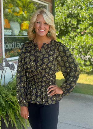 Floral Print Top with Cinched Waist & Ruffle Derail