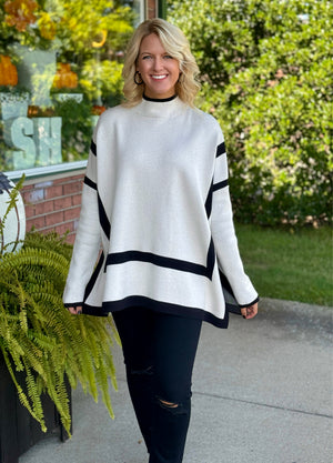 Two Tone Mock Neck Sweater with Split Hem