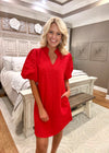 Red Textured Puff Sleeve Dress