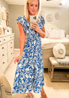 Blue Printed Dress with Ruffle Sleeves