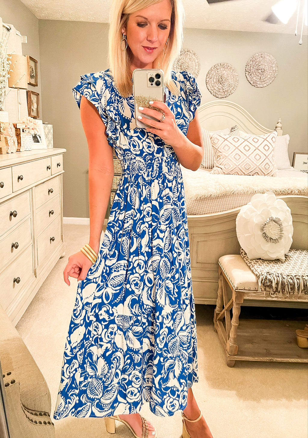 Blue Printed Dress with Ruffle Sleeves