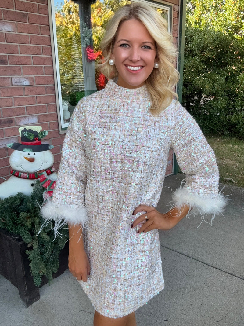 Sequin Mini Dress with Feather Sleeve Detail **Pre-order**