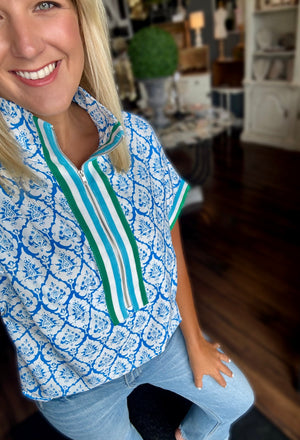 Blue Printed Top with Contrast Zipper Detail