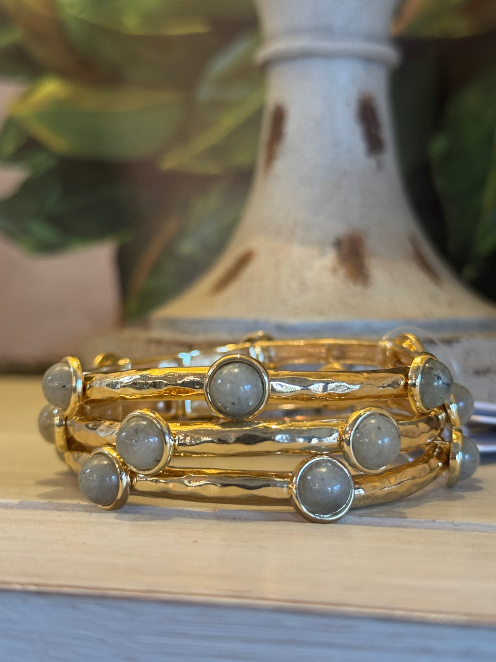 Grey & Gold Beaded Stretch Bracelet