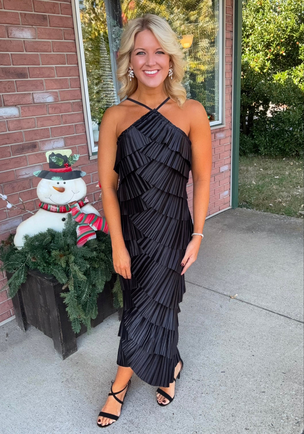 Black Pleated Ruffle Midi Dress