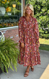 Rust Printed Dress with Ruffle Collar Detail
