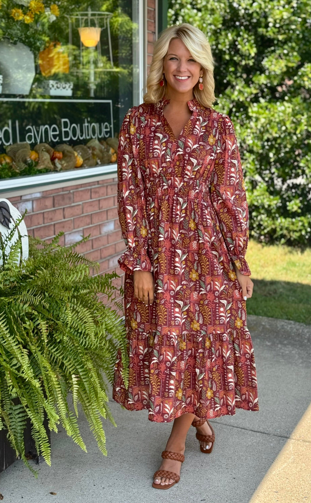 Rust Printed Dress with Ruffle Collar Detail