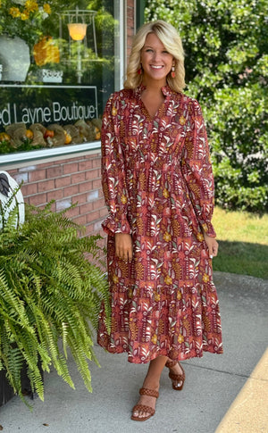 Rust Printed Dress with Ruffle Collar Detail