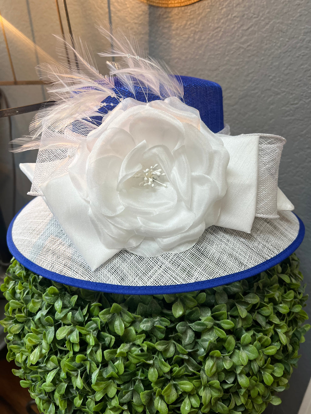 Blue & White Sinamay Derby Hat