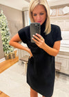 Black Short Sleeve Sweater Dress with Pocket Detail