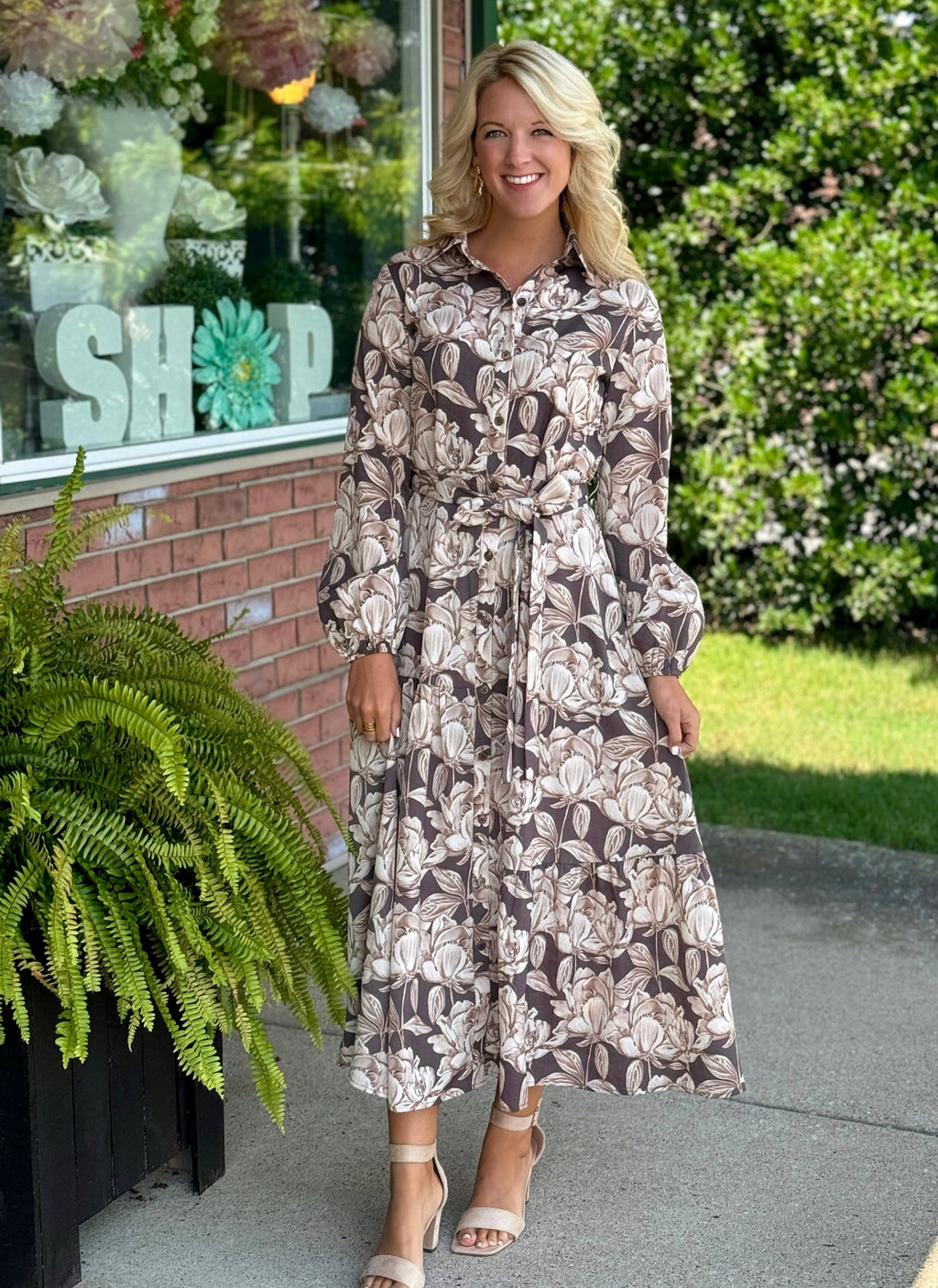 Floral Mocha Tiered Midi Dress