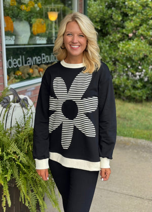 Black Stripe Flower Top