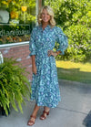 Blue Floral Printed Midi Dress with Ruffle Neckline & Smock Waist