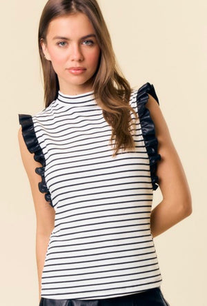 Black & White Stripe Tank with Faux Leather Sleeve Detail