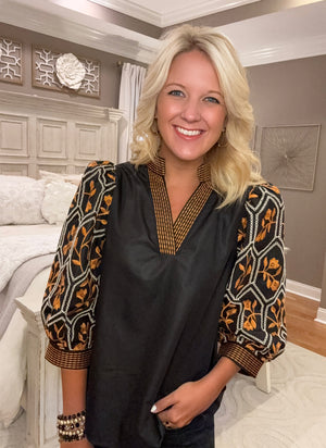 Black Top with Floral Embroidery & Neckline Detail