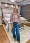 Floral Print Top with Stripe Contrast Neckline
