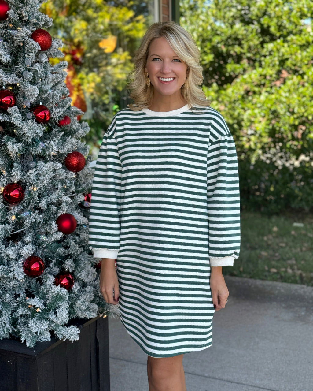 Hunter Green Striped Puff Sleeve Dress