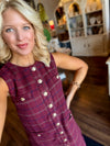 Plaid Tweed Dress with Gold Button Detail