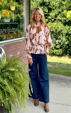 Abstract Printed Batwing Shirt with Smocked Detail
