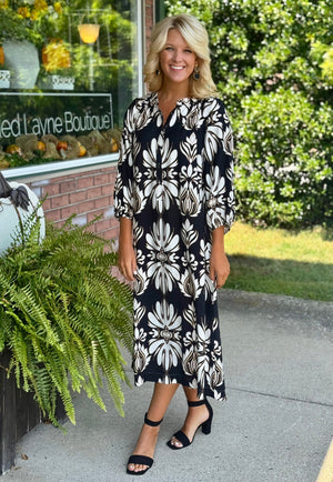 Black Abstract Printed Midi Dress