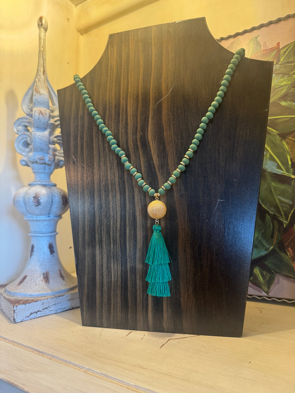 Green Beaded Tassel Necklace