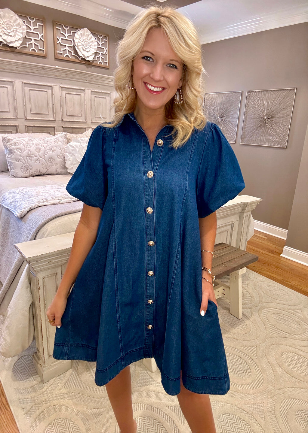 Denim Pleated Dress with Gold Button Details