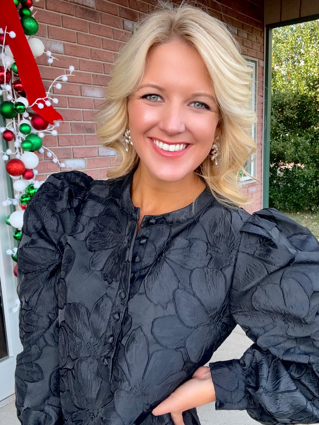 Black Floral Textured Dress with Puff Sleeves