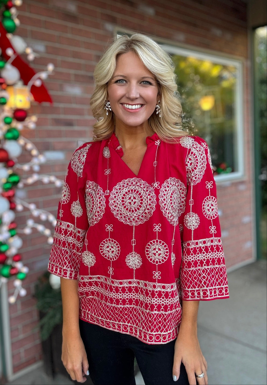 Red Metallic Embroidered Top with Ruffle Neck Detail
